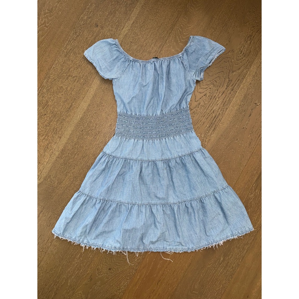 Lauren Ralph Lauren Chambray Off Shoulder Smocked Waist Tiered Mini Dress Blue 2